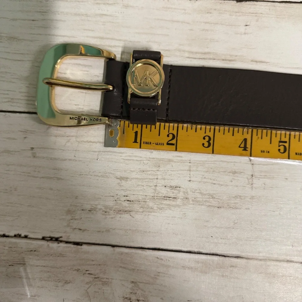 Michael Kors Belt Women Large Brown Genuine Leather Gold MK Logo Buckle Timeless
